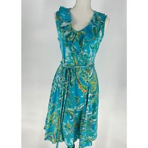 Lauren Ralph Lauren V-Neck Ruffle Dress Size Petite L Tie Waist Sleeveless